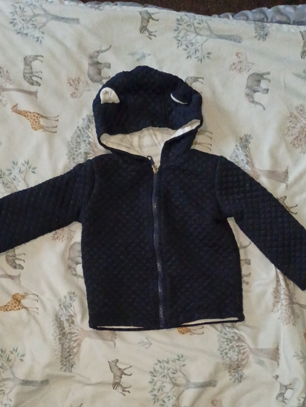 Quilted Navy Hooded Kids Jacket with Ear Detail